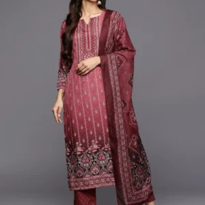 Maroon Printed Crepe Straight Kurta With Trousers & Dupatta